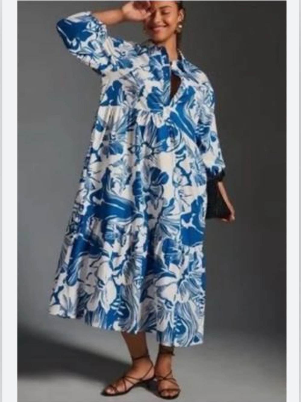 Anthropologie Maeve Women XXS Bettina Tiered Shirt Dress Blue Floral 3/4 Sleeves